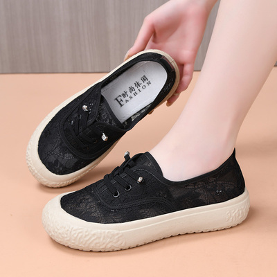 夏季新款老北京布鞋女网鞋透气蕾丝妈妈鞋浅口平底女士网面休闲鞋