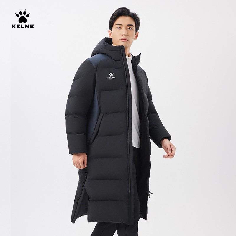 卡尔美过膝棉服男中长款冬季连帽保暖运动棉衣外套足球训练服大衣