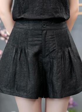 封神裤！香云纱龟裂纹黑色女士四季显瘦百搭高腰百褶短裤X2501