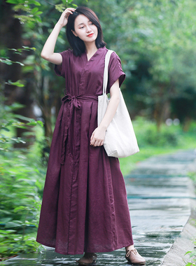 紫色连衣裙系带复古亚麻长款气质高腰大摆裙宽松夏季短袖落肩长裙
