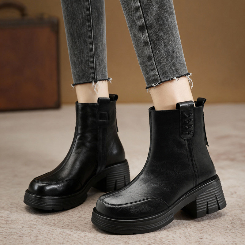 真皮短靴女2025秋冬新款厚底中跟时装女靴粗跟加绒棉鞋牛皮妈妈鞋,女鞋,时装靴,淘宝优惠券,粉丝福利购,淘宝优惠卷