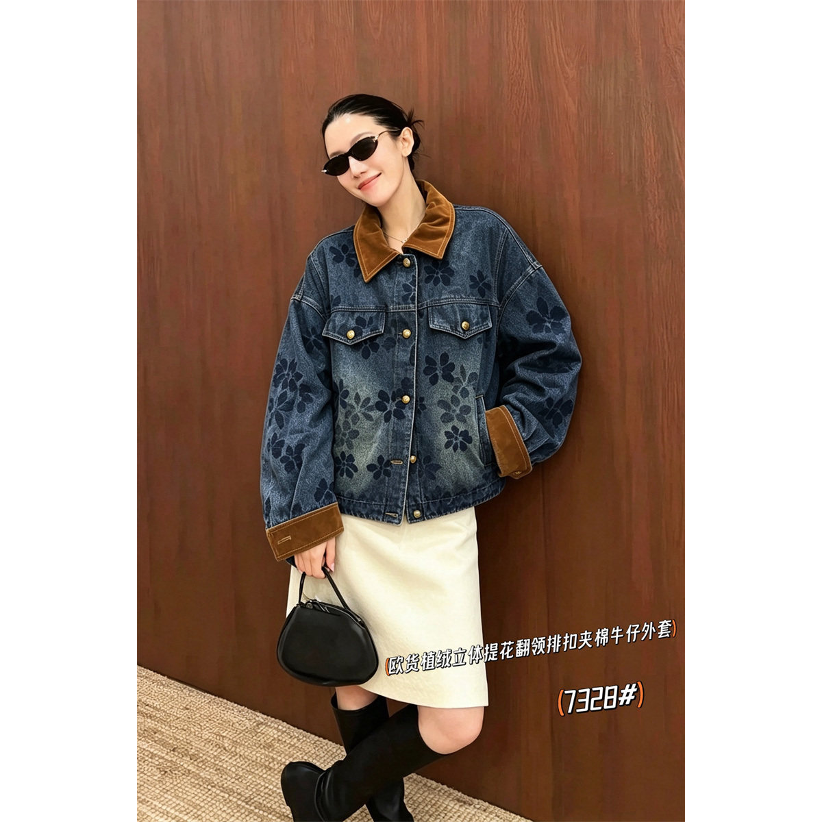 7328妃儿红2026冬新款大码女装显瘦牛仔外套时尚加棉遮肉百搭植绒
