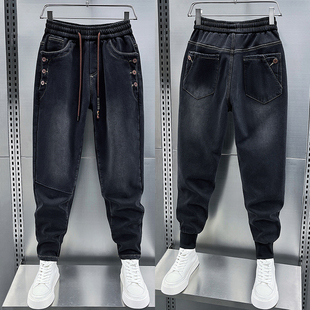 潮流男士黑灰色加绒牛仔裤松紧腰弹力修身小脚裤冬季厚款束脚长裤