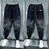 休闲九分裤 潮牌渐变色拼接束脚牛仔裤 加绒修身 小脚哈伦裤 男士 冬季