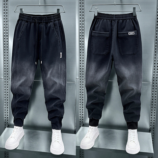 潮牌渐变色拼接束脚牛仔裤男士冬季加绒修身小脚哈伦裤休闲九分裤