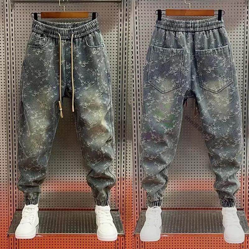 欧洲站潮牌提花束脚牛仔裤男冬季加绒保暖小脚哈伦裤怀旧蓝老爹裤