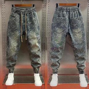 怀旧蓝老爹裤 加绒保暖小脚哈伦裤 男冬季 欧洲站潮牌提花束脚牛仔裤