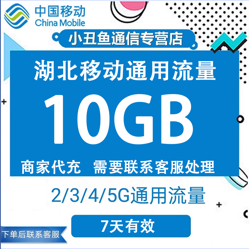 湖北移动流量充值10GB流量包叠加包2/3/4/5G全国通用流量7天有效
