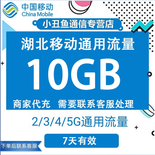 湖北移动流量充值10GB流量包叠加包2/3/4/5G全国通用流量7天有效