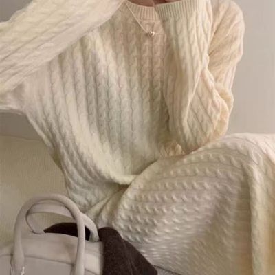 欧洲站100%纯山羊绒连衣裙女圆领宽松慵懒风中长款麻花针织毛衣裙