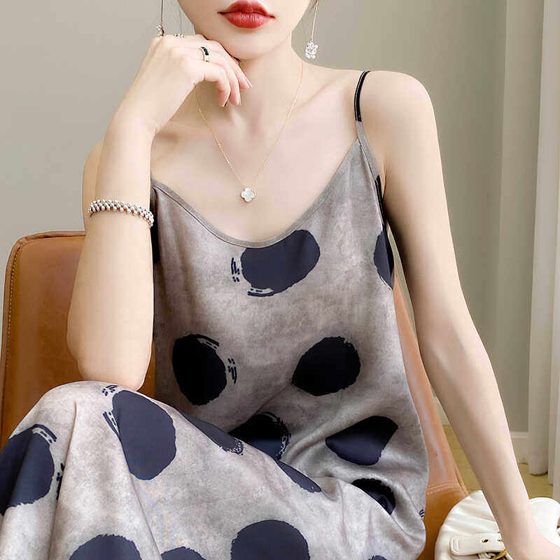 香云纱真丝吊带连衣裙女夏名媛渲染波点桑蚕丝吊带裙醋酸缎面长裙