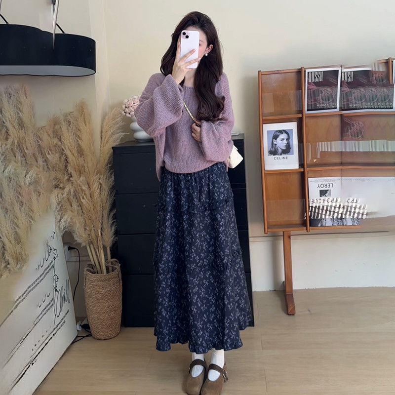紫色针织衫毛衣女搭配碎花半身裙