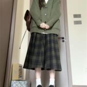新款 高腰格纹半身裙时尚 日系慵懒风绿色开衫 秋季 毛衣 白衬衫 套装