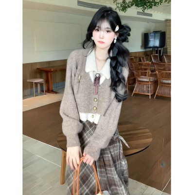 甜美少女风POLO领短款假两件毛衣女搭配高腰显瘦格纹半身裙两件套