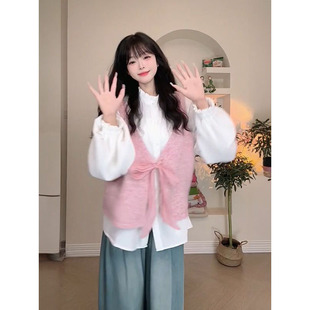 韩系甜美风蝴蝶结绑带针织马甲背心女搭配立领灯笼袖 衬衫 两件套装