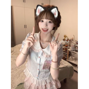 女搭配粉色蛋糕短裙夏季 日系多巴胺可爱穿搭撞色娃娃领衬衫 两件套