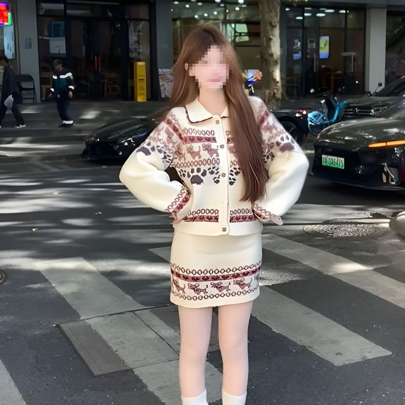 韩系气质学院风费尔岛小狗提花针织毛衣开衫搭配包臀短裙两件套装