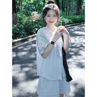 女搭配高腰半身裙新款 夏季 衬衫 新中式 两件套 复古国风刺绣绑带短袖