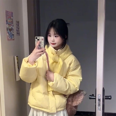 甜美少女风穿搭棉衣2025小众ins冬季宽松棉服外套+黄色围巾一整套