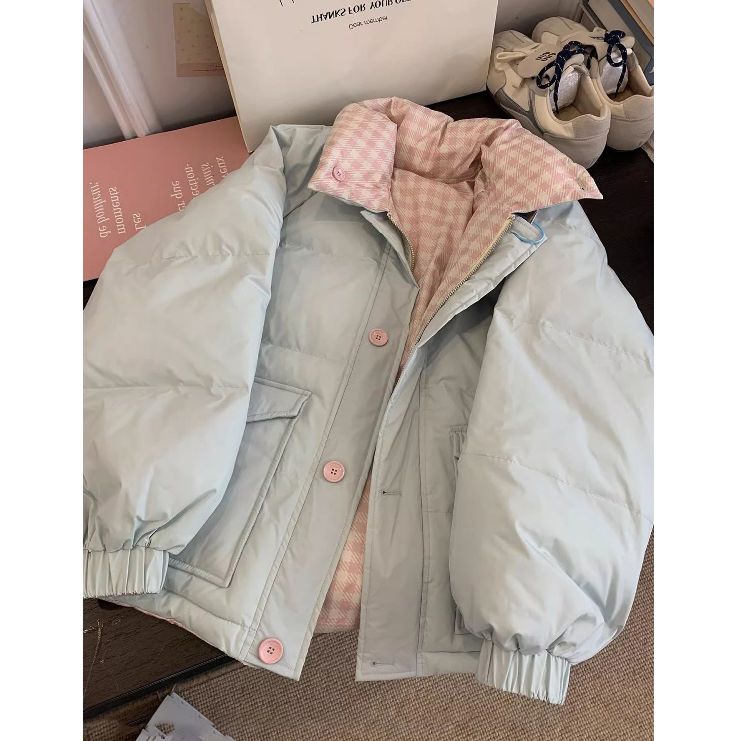 日系小个子撞色格纹双面穿外套棉服女学生冬季新款防寒保暖面包服