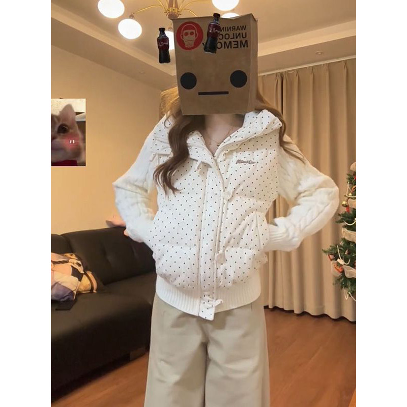 氛围设计感波点针织袖子拼接棉服女2026今年新款立领保暖休闲外套,女装/女士精品,棉衣/棉服,淘宝优惠券,粉丝福利购,淘宝优惠卷