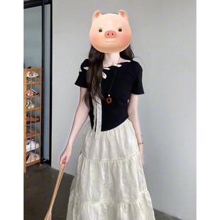 法式 时尚 绝美高级感黑色蝴蝶结上衣女搭配杏色半身裙夏季 两件套装