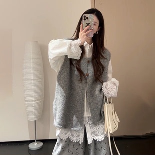 新款 镂空衬衫 2025春季 韩系甜美灰色针织马甲开衫 学生女时尚 套装