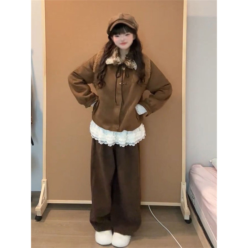 日系可拆卸毛领棕色花苞棉服女+内搭蕾丝花边长袖衬衫女两件/套装,女装/女士精品,时尚套装,淘宝优惠券,粉丝福利购,淘宝优惠卷