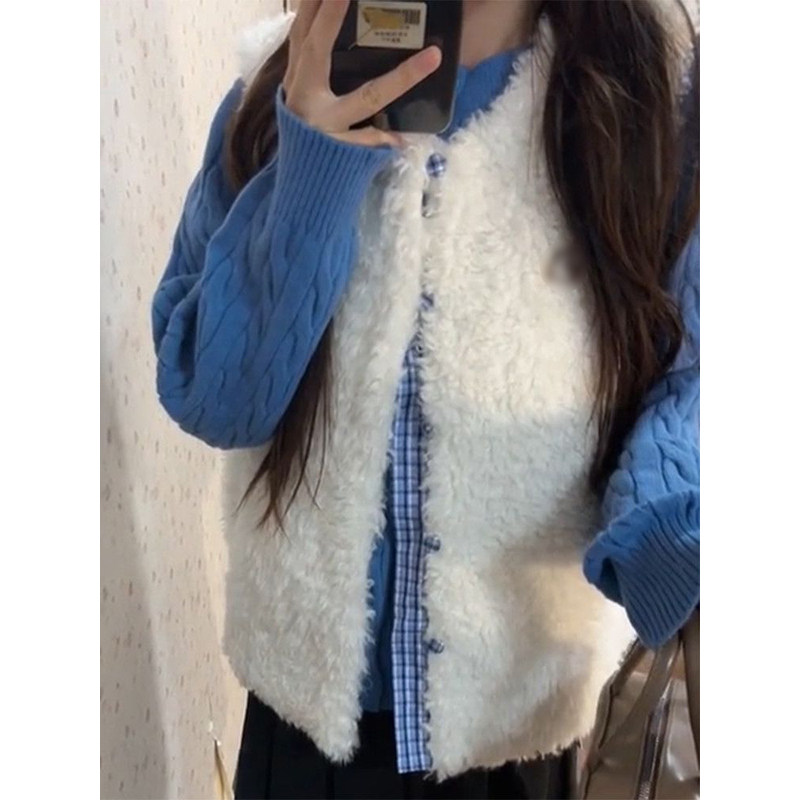 美式复古穿搭一整套简约风蓝色针织开衫叠穿保暖白色毛毛马甲背心,女装/女士精品,时尚套装,淘宝优惠券,粉丝福利购,淘宝优惠卷