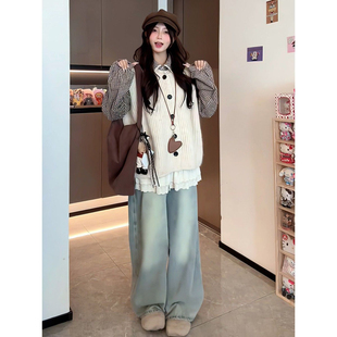 韩系温柔学院风蕾丝拼接格纹衬衫女学生搭配针织马甲开衫两件套装