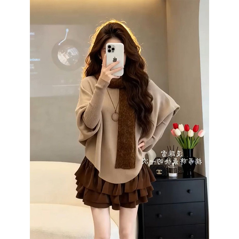 韩系温柔风卡其色针织衫毛衣女学生+咖色显瘦半身裙+围巾三件套装,女装/女士精品,时尚套装,淘宝优惠券,粉丝福利购,淘宝优惠卷