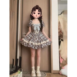 甜美少女学院风蝴蝶结方口领连衣裙女夏季 法式 格纹蕾丝拼接短裙子
