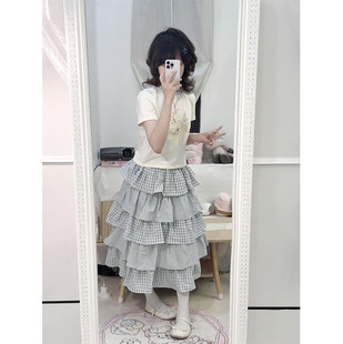 甜美少女风杏色抽绳设计上衣女搭配高腰蓝格纹蛋糕裙两件套装 夏季