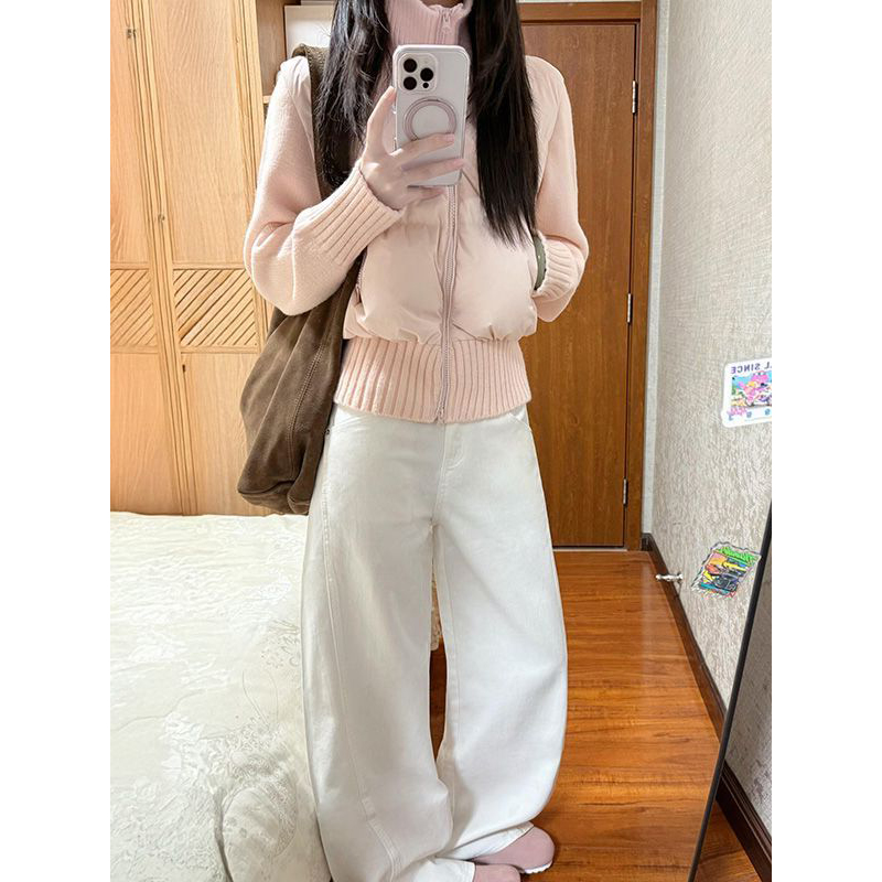 简单好看通勤风冬季粉色收腰显瘦棉服外套立领针织拼接拉链棉衣女