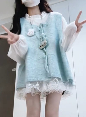 入秋穿搭一整套小个子白色长袖衬衫叠穿针织衫背心系带马甲毛衣女