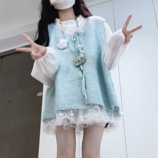 入秋穿搭一整套小个子白色长袖衬衫叠穿针织衫背心系带马甲毛衣女