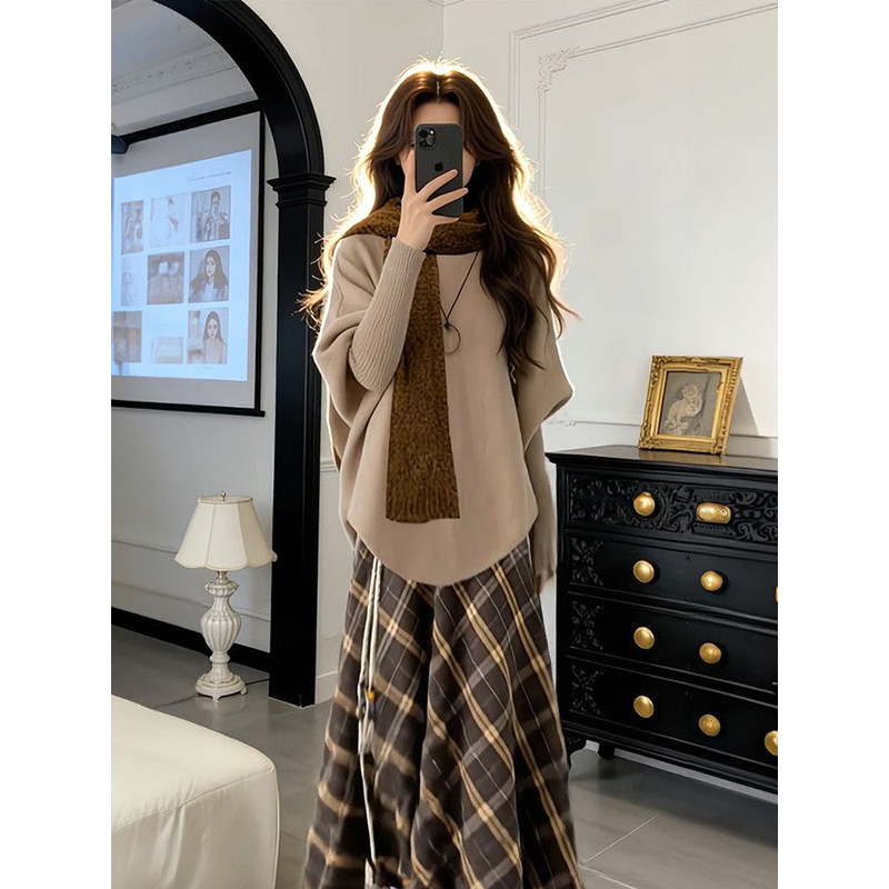 韩系学院风穿搭一整套保暖围巾+卡其色针织斗篷毛衣+格纹半身裙女,女装/女士精品,时尚套装,淘宝优惠券,粉丝福利购,淘宝优惠卷