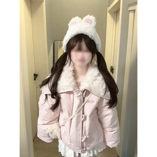 甜美风海军领羊羔毛拼接短款翻领外套女冬季宽松牛角扣粉色棉衣潮