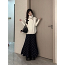 打底上衣三件套装 甜美轻奢温柔风高领针织马甲毛衣女 格纹半身裙