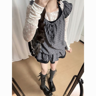 搭配波点短裙两件套女 复古甜酷假两件吊带蕾丝打底衫 2026春季 新款