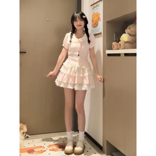 法式 甜美少女风娃娃领撞色短袖 衬衫 女搭配蕾丝花边半身裙两件套装