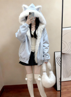 多巴胺可爱蓝色猫耳朵毛领连帽双面可穿棉服女冬季款宽松保暖棉衣