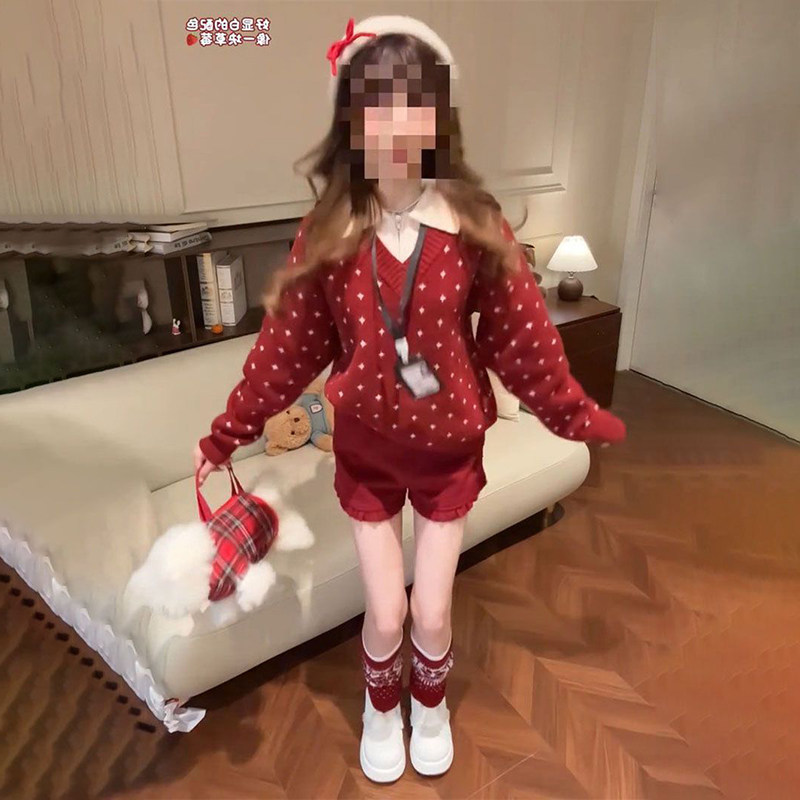 日系少女风polo领假两件红色针织衫毛衣女+红色高腰短裤两件_套装,女装/女士精品,时尚套装,淘宝优惠券,粉丝福利购,淘宝优惠卷