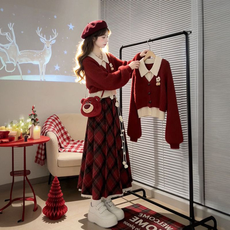韩系温柔淑女风穿搭一整套红色假两件毛衣开衫女+高腰格纹半身裙,女装/女士精品,时尚套装,淘宝优惠券,粉丝福利购,淘宝优惠卷