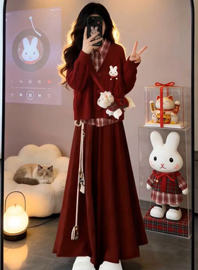 独特时尚高级感红色格纹衬衫女叠穿软糯毛衣女松紧腰半身裙三件套