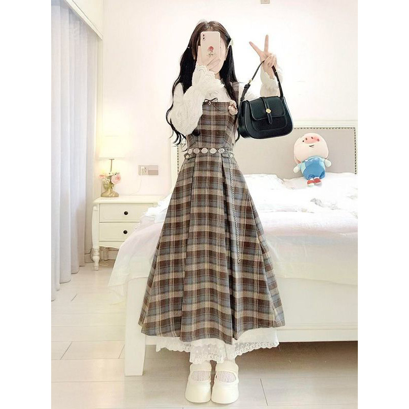 复古风氛围感气质格纹连衣裙女学生春秋温柔收腰长袖假两件中长裙,女装/女士精品,连衣裙,淘宝优惠券,粉丝福利购,淘宝优惠卷