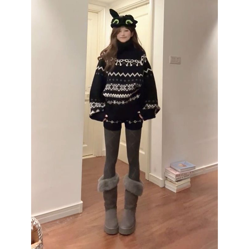 韩系穿搭一整套高领蝴蝶结提花暖呼呼长袖毛衣女费尔岛针织短裤女