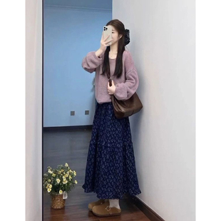碎花半身裙套装 早秋简约时尚 毛衣女搭配温柔淑女风长款 针织衫 新款