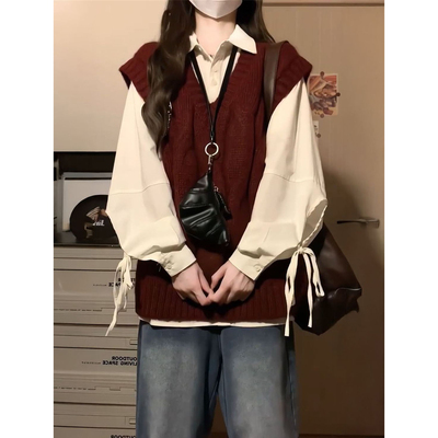 日系复古时尚穿搭一整套麻花v领针织毛衣背心马甲叠穿绑带衬衫女