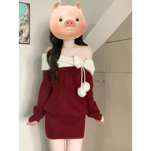 冬季 新年跨年纯欲感一字领蝴蝶结毛球针织连衣裙女红色毛衣包臀裙
